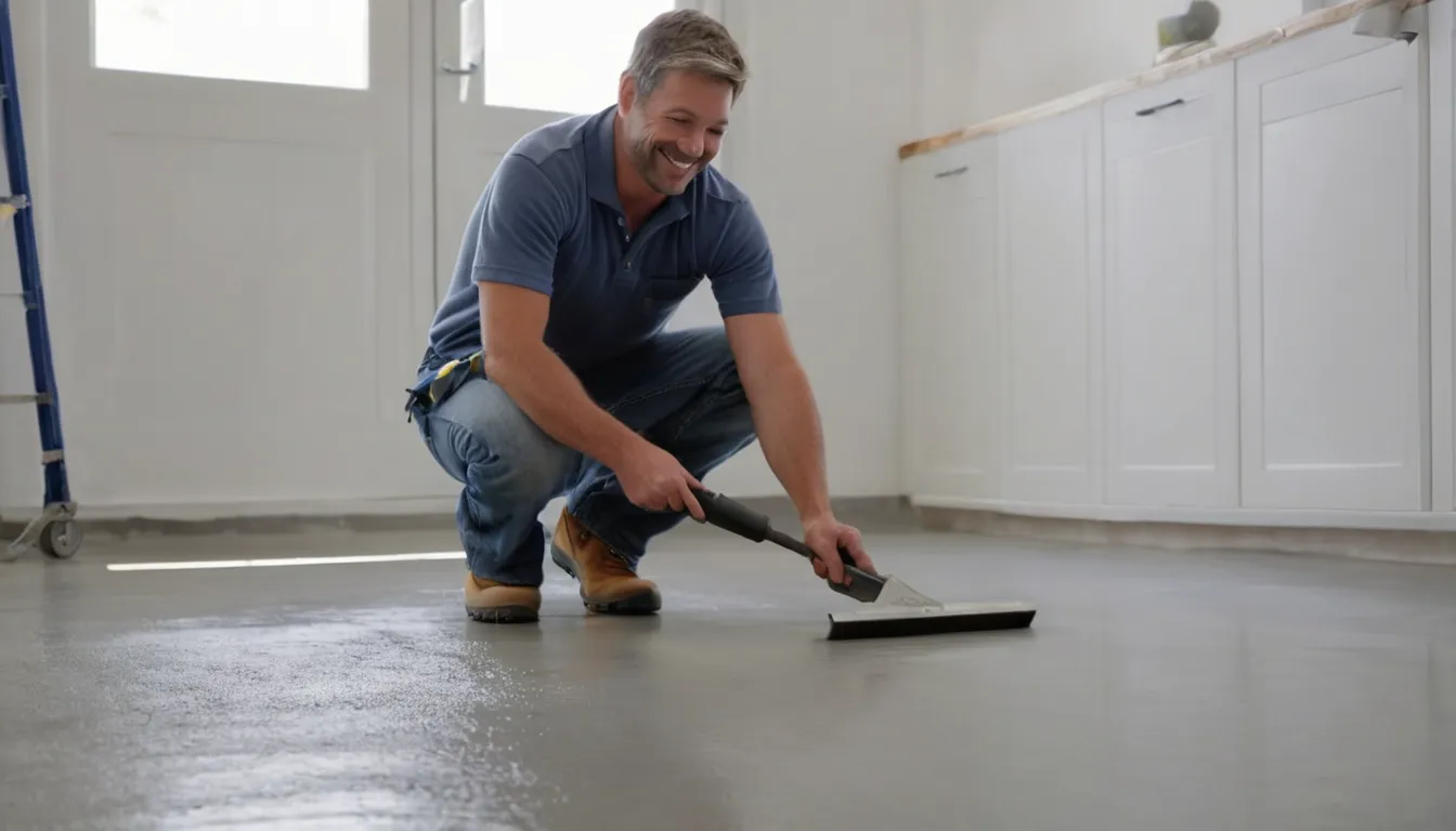 Provider rolling a gray concrete coating onto a clean basement slab in a home near Houston