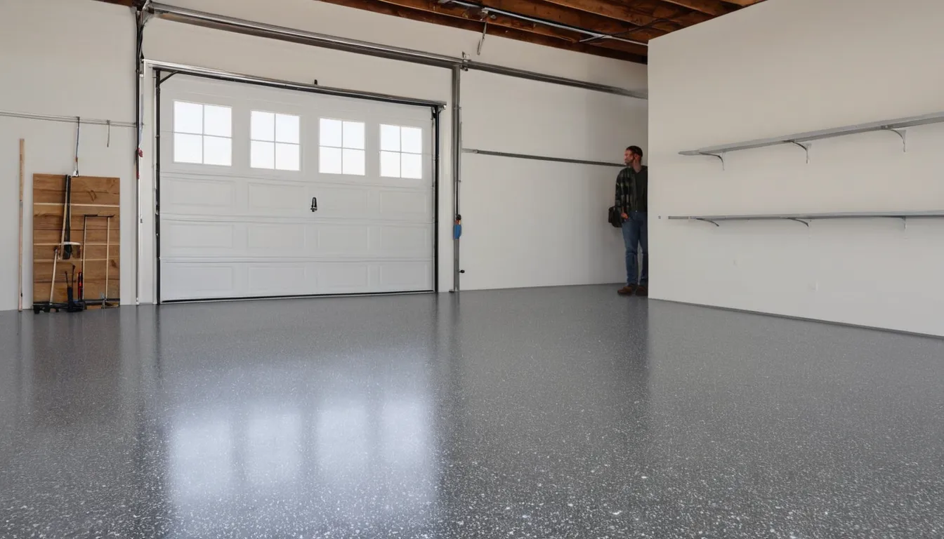 A freshly coated epoxy garage floor with gray flakes in a home near Houston